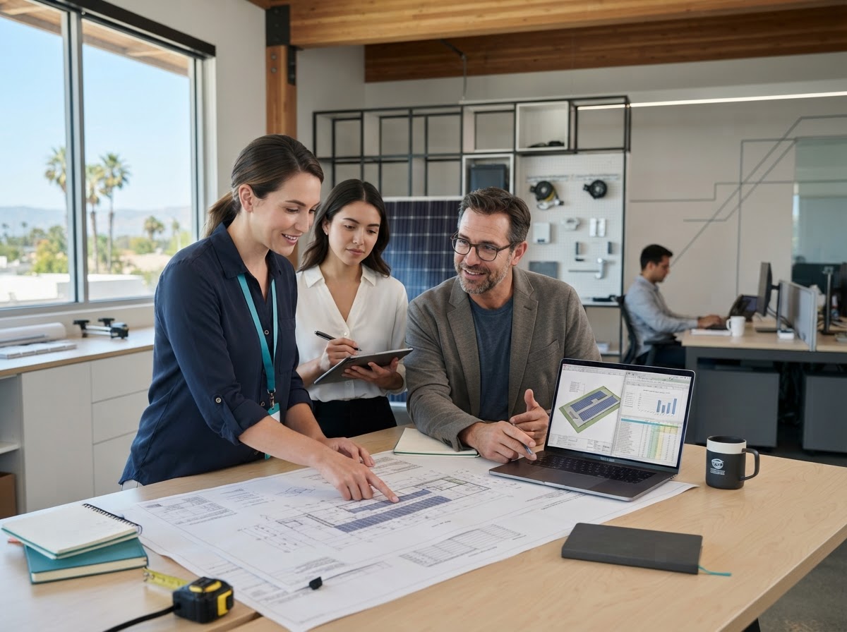 Business Solar Rebate team reviewing real-time trading risk models